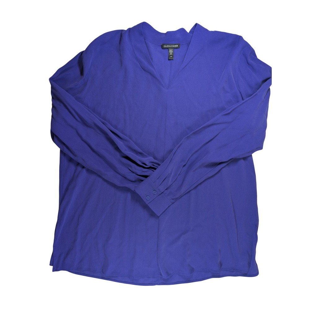 Eileen Fisher Blouse Women Small Blue/Purple 100% Silk V-Neck Long Sleeve Top
